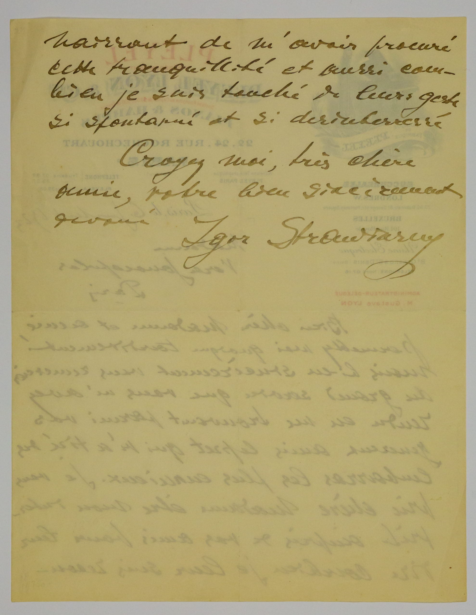 Igor Stravinsky Letter- 1923 - Schubert Club